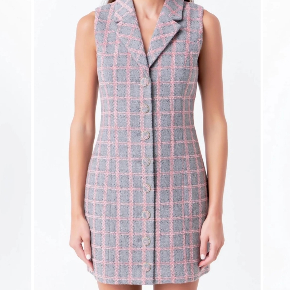 Endless Rose Tweed collared dress In Pink And Gray  NWT